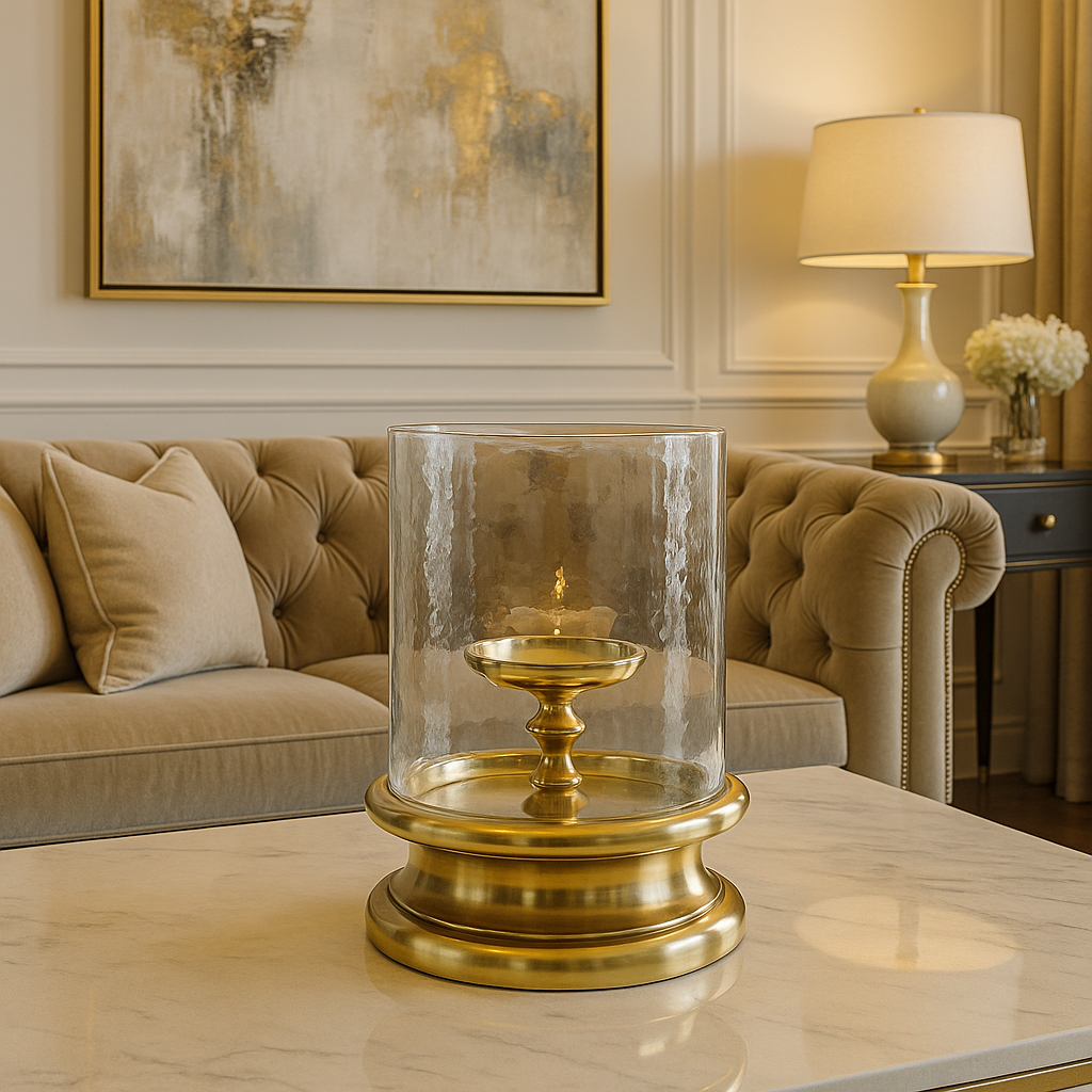 Gold Glass Hurricane Lantern – Classic Pedestal Base